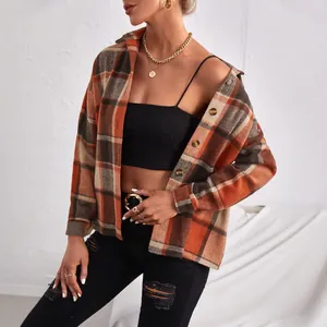 Elegant orange plaid wool jacket for women with lapel and single-breasted buttons