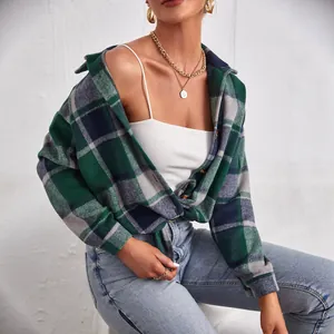 Fashionable green and navy plaid button-down wool jacket for women commute style.