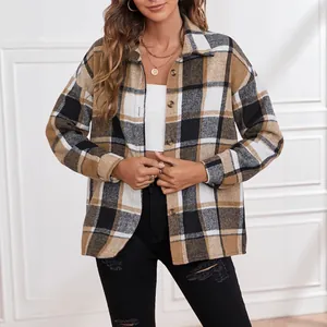 Stylish women's autumn brown plaid wool shirt jacket with turnover collar and buttons