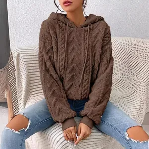 Sudadera con capucha de forro polar marrón para mujer con diseño de punto de cable