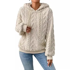 Sudadera con capucha de franela para mujer en blanco roto con textura trenzada, estilo suelto