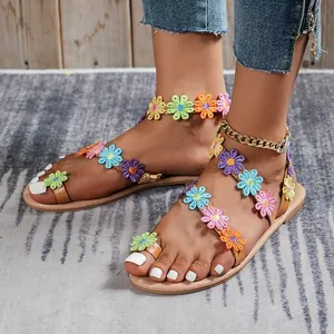 Women Bohemian Flat Sandals Roman Embroidery Flower Butterfly Sequin Beach Shoes Metal Chain Ankle Strap Plus Size Footwear