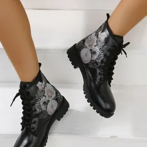 Damen Stiefeletten im europäisch-amerikanischen Stil mit 3D-Druck PU-Leder Blumenmuster Schnürung Mode Kurze Stiefel