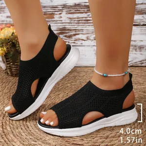Black mesh wedge sandals for women with 4cm platform and breathable fish mouth design