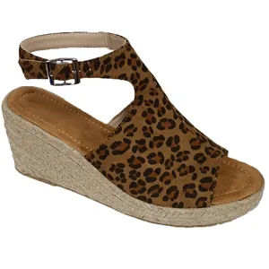 Detailed view of women's leopard print wedge sandal with espadrille platform and strap