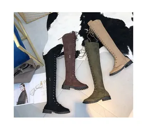 Stylish over-the-knee lace-up flat boots in black brown olive and beige suede finish