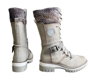 Detailed side and back view of winter mid-calf knight boots with knit collar and buckle strap