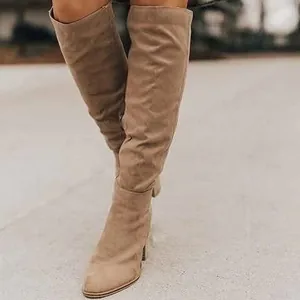 Women's Over The Knee Suede Boots Thick High Heel Side Zipper Slimming Long Boots Retro Professional Fashion Winter Boots