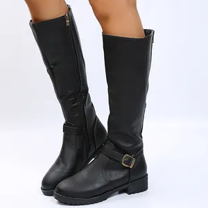 Stylish black knee-high leather boots for women featuring a side zipper and buckle strap