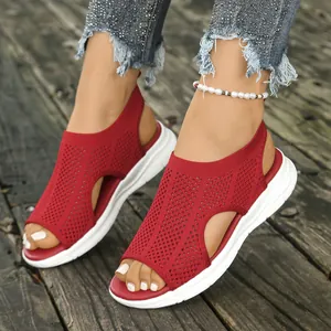 Casual red mesh wedge sandals featuring a platform sole and breathable hollow fish mouth design