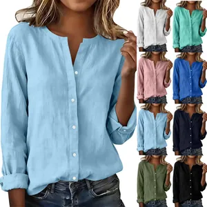 Casual women's slub cotton V-neck blouse available in eight different solid colors
