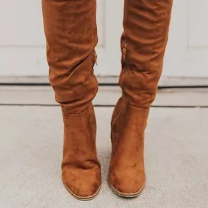 Close-up of brown suede over-the-knee boots with chunky high heel and side zipper