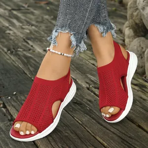 Casual red mesh peep-toe wedge sandals for women, stylish summer hollow-out shoes