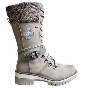 Women's mid-calf knight boots with knitted cuff and decorative buckle details