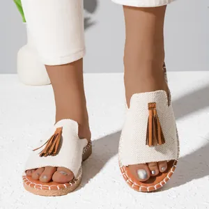 Women's Fashion Casual Flat Slippers Fringed Tassels Leopard Print Slides Non-slip Beach Sandals Roman Style Outdoor Shoes