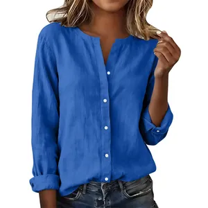 Close-up view of a blue slub cotton casual blouse featuring a chic stand-up collar design