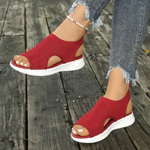 Women's red flyknit sports sandals with breathable mesh and thick white soles