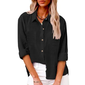 Casual zwart katoenen linnen shirt met lange mouwen, dubbele zakken en zijsplitjes.