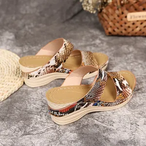Detailed side view of vintage leopard print wedge sandals with thick platform soles for beach