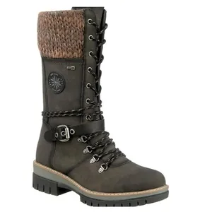 Close-up view of a grey mid-calf winter boot featuring a knitted cuff and lace-up details.