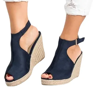 Navy blue suede peep toe wedge sandals with braided jute sole and ankle buckle