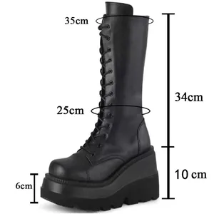 Detailed dimensions of black platform lace-up knight boots with height measurements