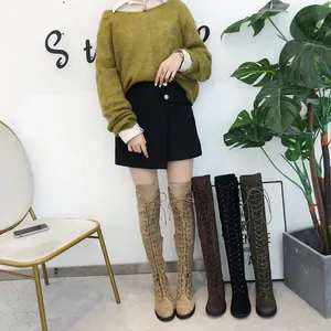 Fashionable lace-up over-the-knee flat boots for women in four elegant colors