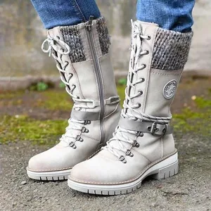 Women's Retro PU Leather Martin Boots With Knitted Cuff Lace-up Side Zipper Block Heel Mid-Calf Winter Boots