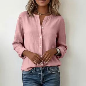 Detailed view of women's slub cotton casual stand collar long sleeve shirt in dusty rose