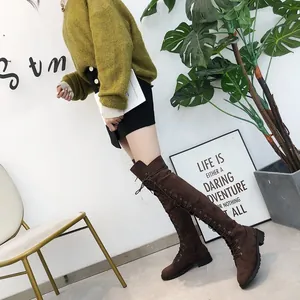 Women's brown lace-up over-the-knee boots with flat heel and side zipper