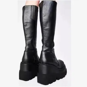 Stylish black gothic platform knee high boots for women featuring thick chunky soles