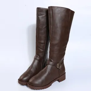 Detailed side view of brown knee-high knight boots with side zip and buckle strap detail.