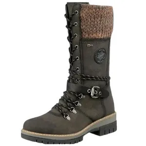 Stylish women's mid-calf lace-up boots featuring a warm knit collar and round toe design