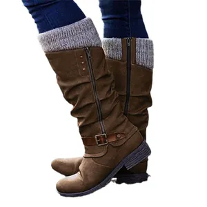 Stylish women's brown slouchy knight boots with knitted cuffs and side zipper for winter