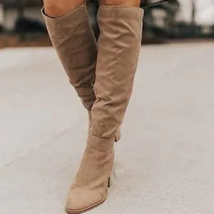 Stylish khaki suede over-the-knee boots with chunky high heels for autumn and winter