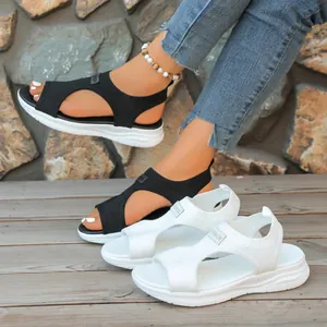 Women Fashion Wedge Sandals Fly-knit Mesh Breathable Hollow-out Peep Toe Roman Sandals Lightweight Soft Sole Outdoor Shoes