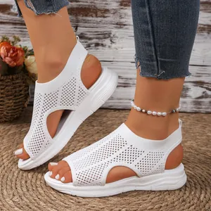 Detail side view of white mesh wedge sandals with chunky platform and open toe