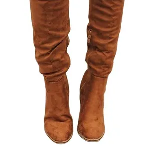 Elegant tan suede over-the-knee boots featuring chunky high heels and convenient side zippers