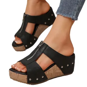 Stylish women's black wedge sandals featuring platform sole with rivet and zipper details