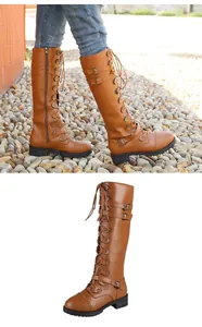 Detail view of brown knee-high knight boots featuring laces and metallic buckles