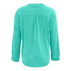 Back view of a turquoise slub cotton casual long-sleeve shirt with pleated yoke detail.