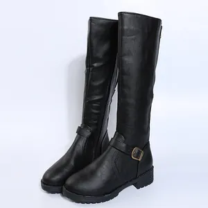 Side view of black leather knee-high knight boots featuring a low heel and ankle buckle strap