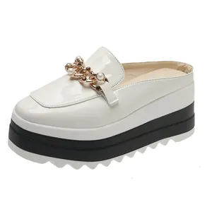 Detailed view of white patent leather platform mules with decorative metal pearl chain.