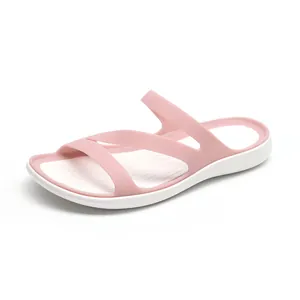 Pink and white flat slide sandals for women featuring a minimalist three-strap design