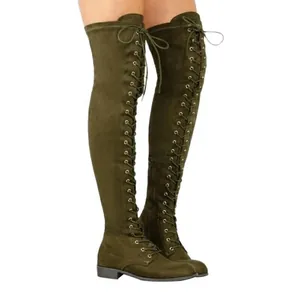 Elegant olive green lace-up over-the-knee flat boots for women in soft suede finish