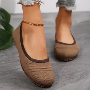 Comfortable brown knitted ballet flats for women with soft soles and round toe design