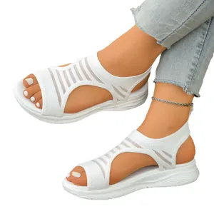 White fly knit wedge sandals for women with comfortable fish mouth design.