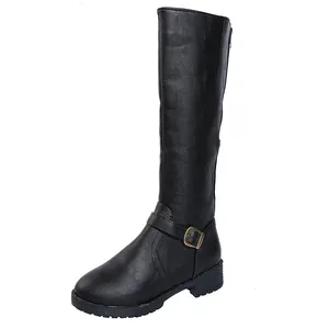 Detail of black leather knee-high knight boots with side buckle and low heel