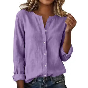Detailed view of women's purple casual linen cotton shirt with stand collar design