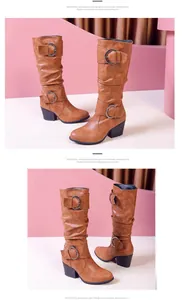 Detailed view of women's retro brown high-top knight boots with buckle straps and thick heels